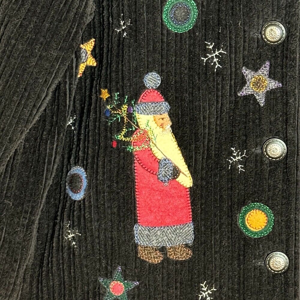 Upcycled Chunky Black Corduroy Jacket‎ Sz S/M 44B Holiday Christmas Applique USA